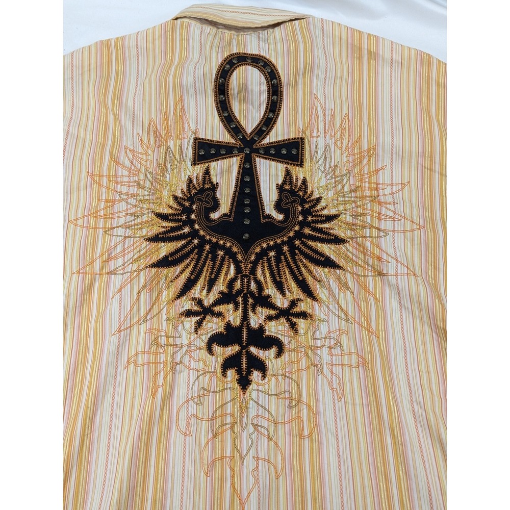 Pelle Pelle Shirt Ankh Bird Y2K Orange Gold Mens XXL Stripe Button Embroidered